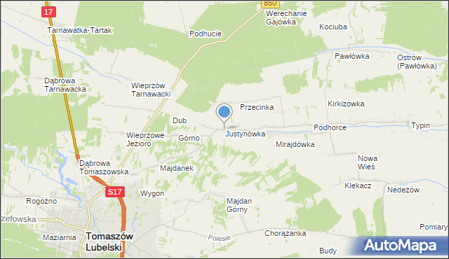 mapa Justynówka, Justynówka gmina Tomaszów Lubelski na mapie Targeo